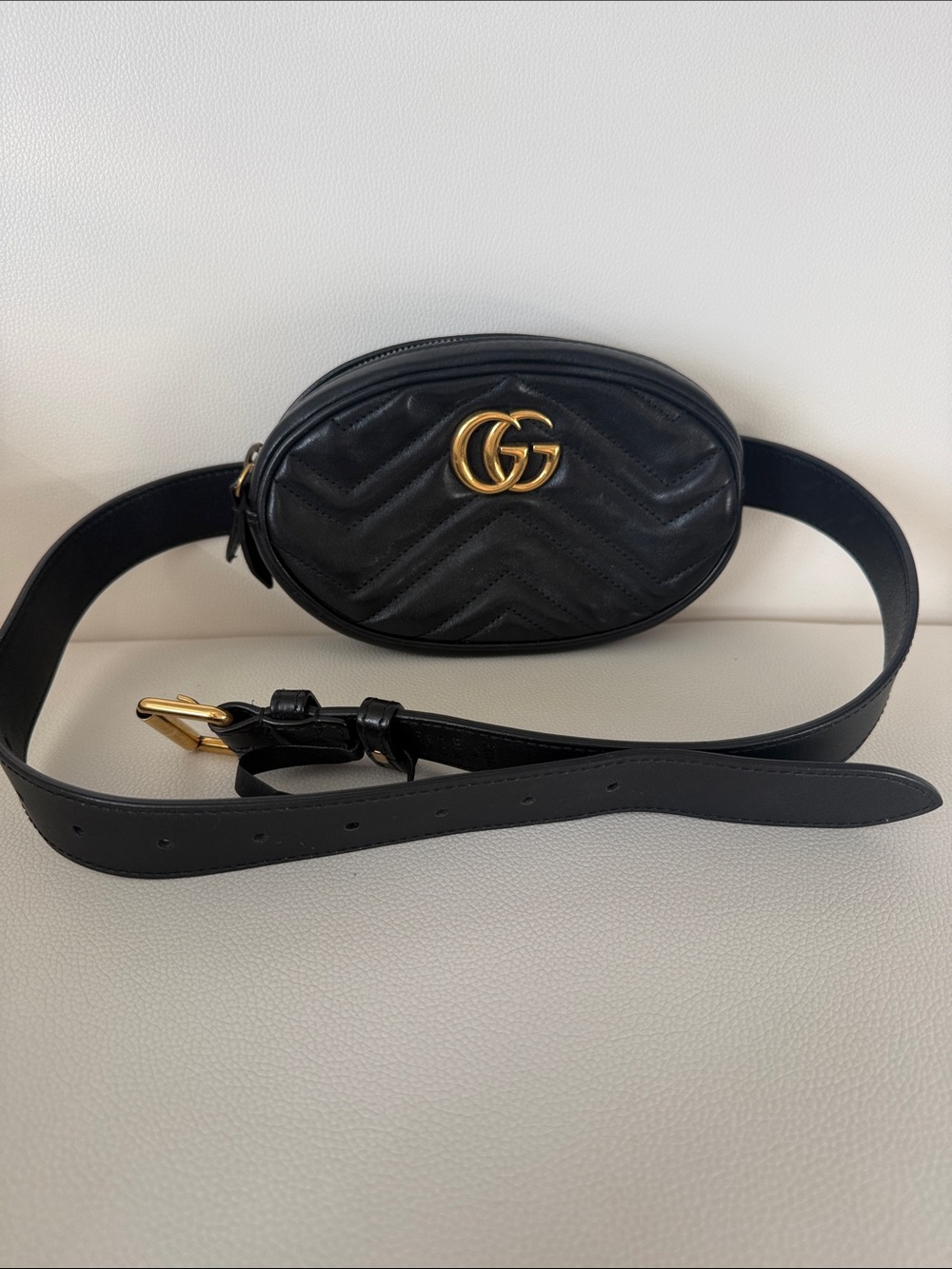 Gucci Black Leather Oval GG Belt Bag with Gold Hardware